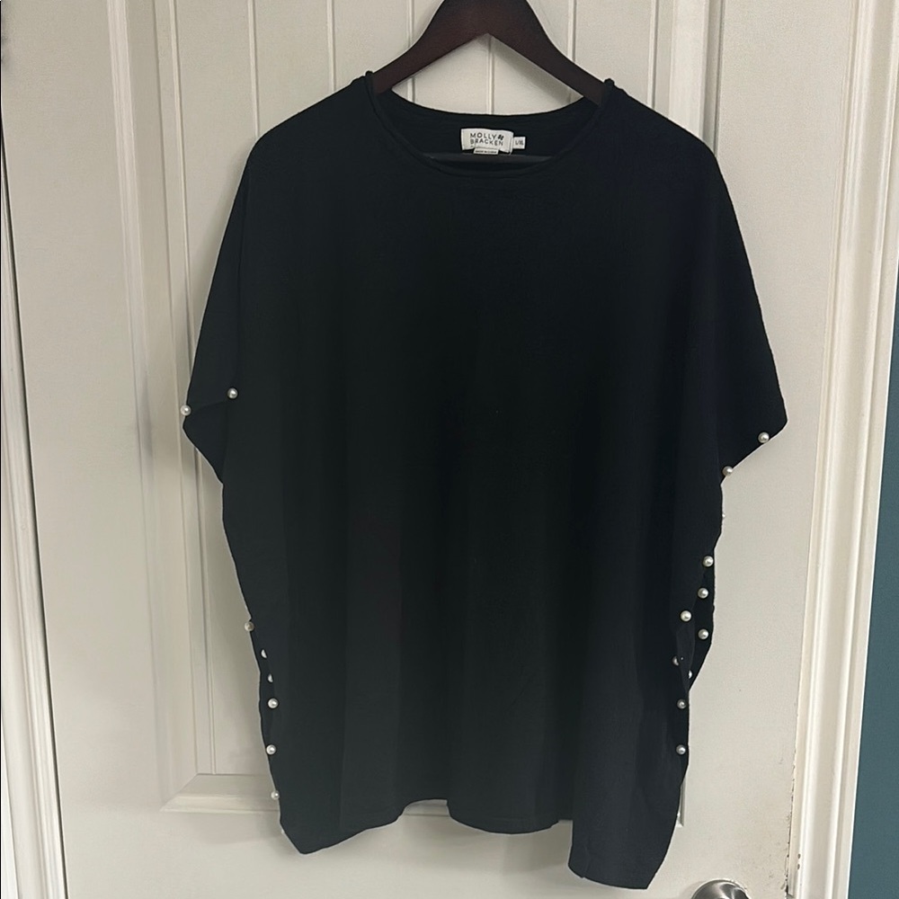 MOLLY BRACKEN Black Poncho Sweater with Pearl Detail